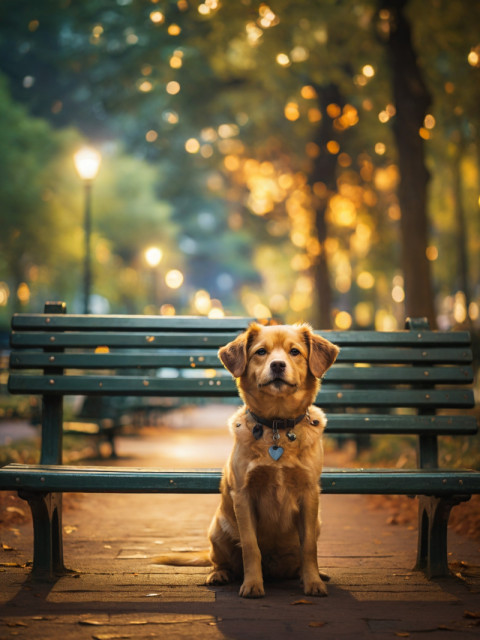 Sitting Dog  light Blur Road Park Bench Nature Background HD Pic